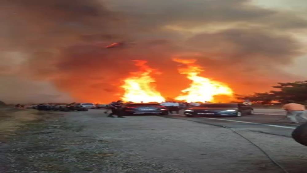 Alevler karayolunu böyle sardı, makam araçları az daha yanıyordu
